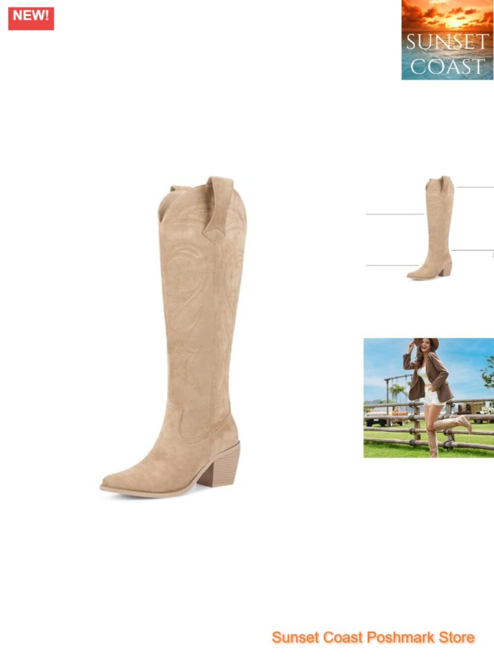 Knee High Western Cowboy Boots Faux Suede Block Heel